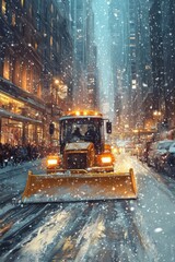 Snowplow making way on snowy street at dusk