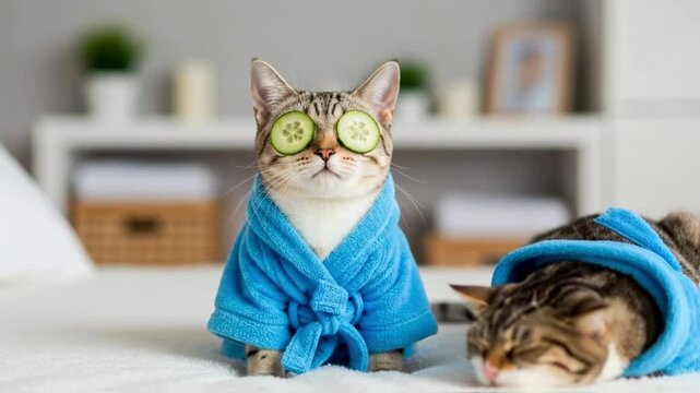 Cats enjoying a spa day with cucumber slices and robes, illustrating pet pampering and humorous wellness concepts for pet care, beauty industry and social media marketing