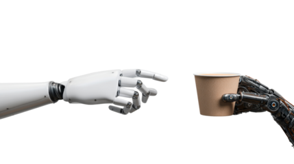 Robotic hand reaching for a cup futuristic concept high-tech environment close-up view