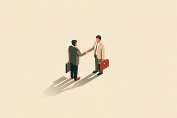 Confident CEO shaking hands with professional employees celebrating business success and teamwork in minimalist isometric style in warm neutral tones.