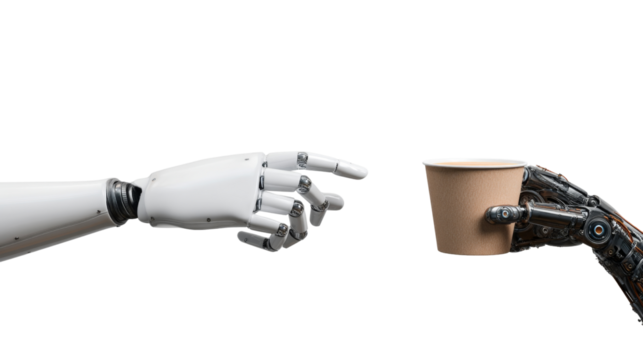 Robotic hand reaching for a cup futuristic concept high-tech environment close-up view