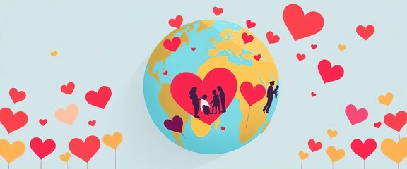 Flat design vector illustration of a globe with hearts and family symbols representing Global Day of Parents,  flat design,  globe icon