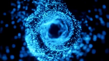 Dynamic abstract animation of a swirling vortex of glowing blue particles forming a tunnel against a black background - Powered by Adobe