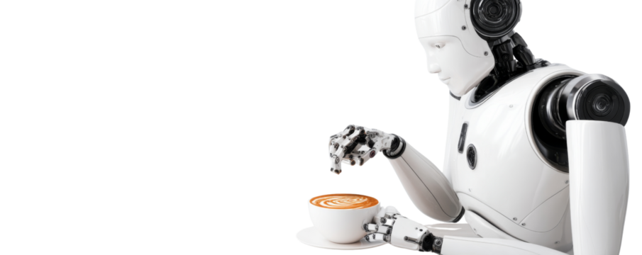 Robotic barista garnishing latte futuristic  culinary art showcase indoor setting close-up view technology innovation