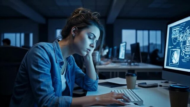 Tired female developer sleeps at her computer in a dimly lit office late at night, screen showing technical diagrams, illustrating demanding project deadlines and the issue of workplace burnout in tec