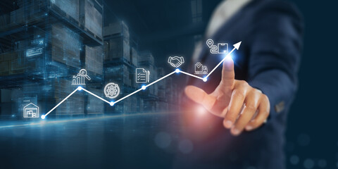 Digital procurement and supply chain management concept. Digital procurement process integrated with analytics, logistics, contracts, supply chain management. Digital transformation, business solution