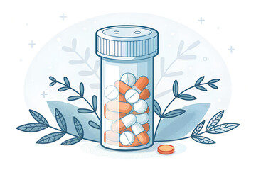 Minimal Pill Bottle Vector with Child-Resistant Cap and Tablets on White Background