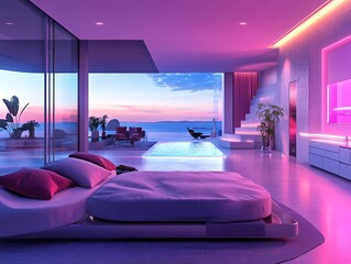 Luxury smart home interior with scenic ocean view modern design high-resolution image relaxing environment contemporary concept