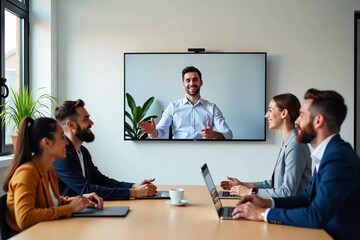 Business team participating in video conference meeting in office  