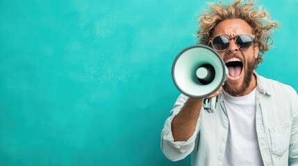 An energetic man with wild hair passionately shouting into a megaphone against a vibrant turquoise backdrop, capturing the essence of joy and exuberance in human expression.