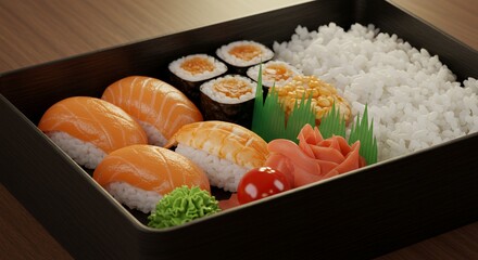 Delightful Bento Box: A feast for the eyes and stomach, showcasing fresh sushi and vibrant garnishes.