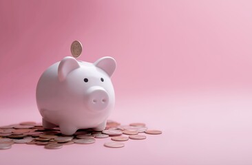 Piggy bank and golden coin on pink background with saving money concept. Financial planning for the future. 3D rendering.
