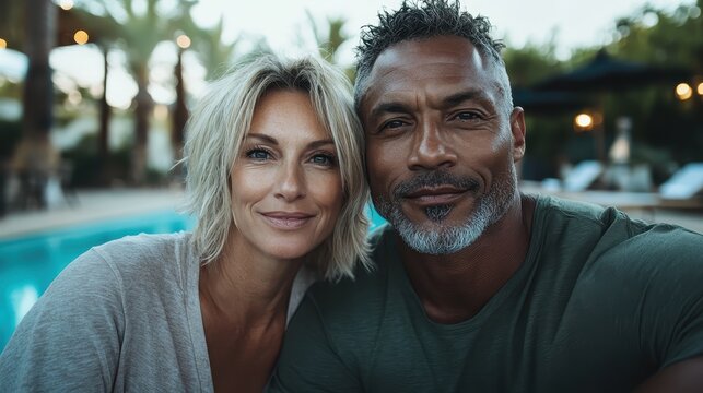 A happy couple poses closely by a swimming pool, radiating joy and affection, capturing a moment of connection and love in a beautiful outdoor setting filled with warmth.