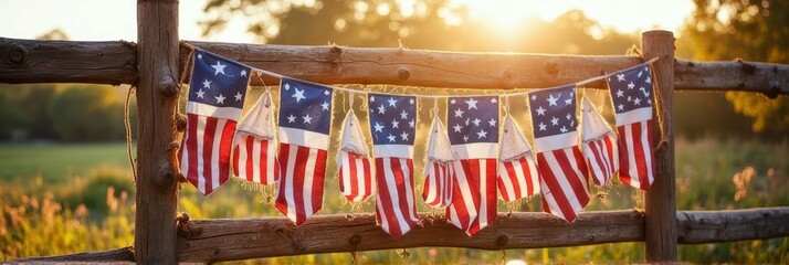 Obraz premium Rustic fence with american flags at sunset in countryside setting