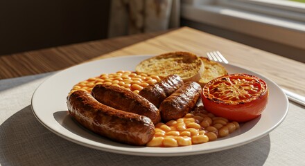 Sunlit Full English Breakfast: Savory Sausages, Beans, and Toasted Bread