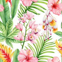 Tropical floral seamless pattern with pink hibiscus orchids palm leaves and ginger flowers Vintage exotic background for design
