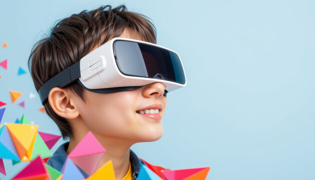 Young person wearing virtual reality headset smiling with colorful geometric shapes floating around, immersive technology experience