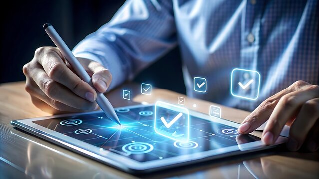 Businessman uses a stylus on a tablet to check digital checkmarks