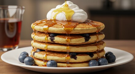 Golden Syrup Drizzles Delightfully onto a Stack of Fluffy Blueberry Pancakes Topped with Whipped Cream