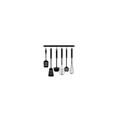 Black and white illustration of kitchen utensils hanging 