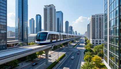 Next gen city with skytrain floating above busy urban street surrounded by modern skyscraper and green trees on sunny day