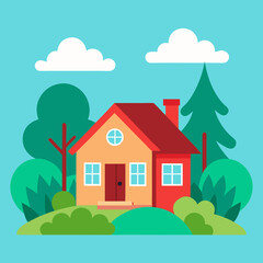 Fototapeta premium Cozy summer countryside house with a red roof surrounded by a garden and trees Cartoon vector illustration