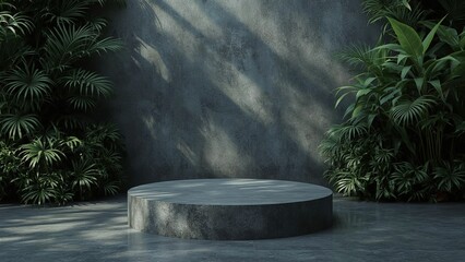 Dark Grey Stone Pedestal Tropical Plants Concrete Background