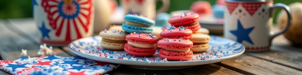 Fototapeta premium Patriotic themed macarons with sprinkles on festive table setting