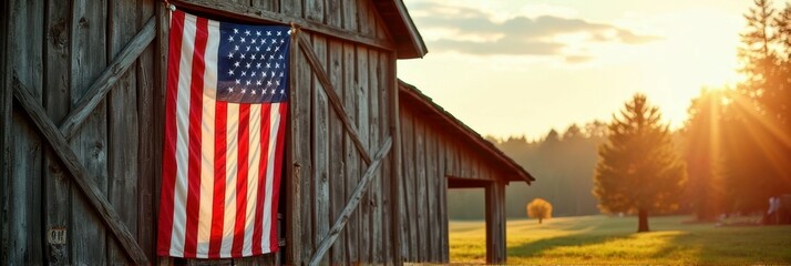 Rustic barn with american flag at sunset in countryside landscape
