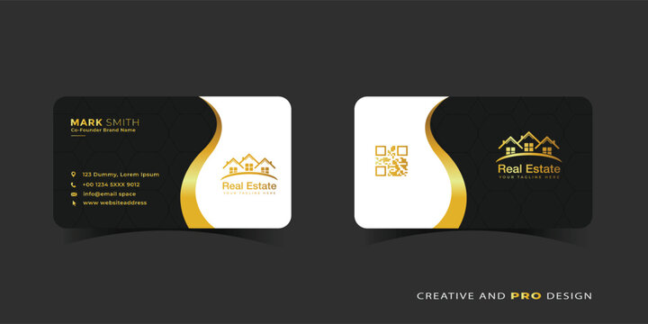 Modern gold and black real estate business card with qr code