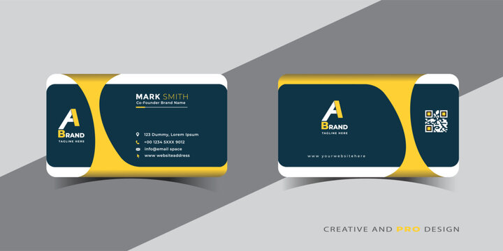 Modern dark blue and yellow business card with qr code