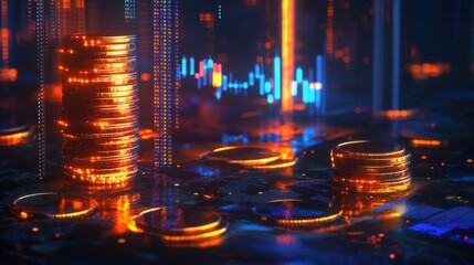 Obraz premium Stacked gold coins glowing on digital background