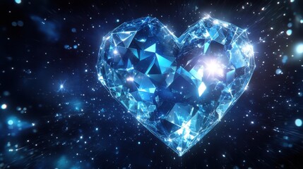 Faceted diamond heart floating in galaxy