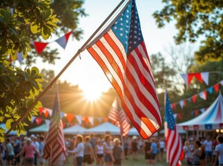 Obraz premium Festive american celebration with flags and gathering at sunset