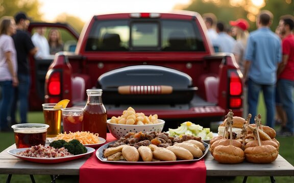 A barbecue tailgate party with a grill in the back of a truck, fans wearing team colors, and a variety of snacks and drinks on tables. High quality