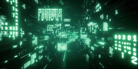Naklejka premium Green digital matrix tunnel filled with numbers