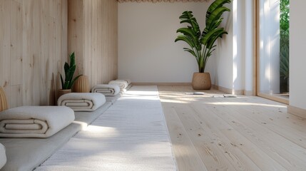 Fototapeta premium A tranquil and minimalistic spa room featuring neatly stacked towels and vibrant green plants, creating a peaceful ambiance ideal for relaxation and wellness.