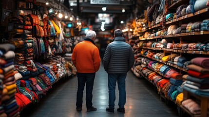 Obraz premium Two men observe vibrant displays of textiles in a market, reflecting a sense of community, exploration, and the rich cultural experience of shopping for unique goods.