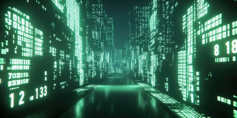 Futuristic city made of glowing code