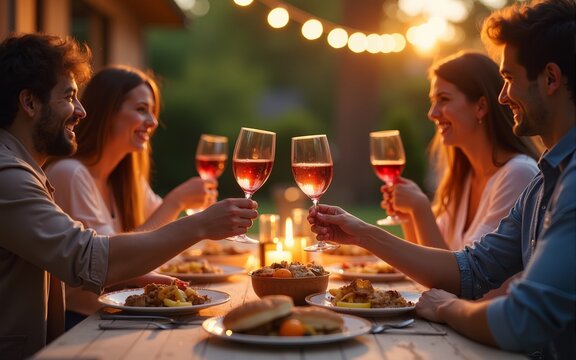Autumn barbecue party with friends. Happy couple friends enjoying dinner, toasting wine glasses at summer table on house patio with string lights, digital ai. High quality