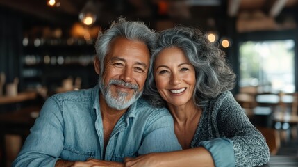 Fototapeta premium A loving senior couple sits together in a charming cafe, capturing a heartwarming moment filled with smiles, laughter, and connection amidst a warm and inviting atmosphere.
