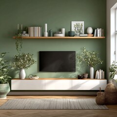 Modern living room interior design with sage green walls, flat screen TV, and stylish wooden shelves. The room features various plants, books, and decorative items.