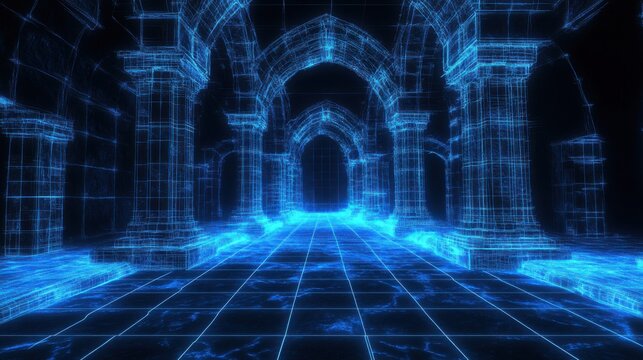 Digital gothic hall built from blue grid lines