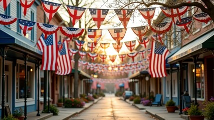Fototapeta premium Festive american street decorated with flags and banners during sunrise