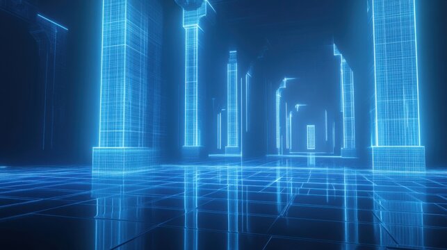 Futuristic hallway with glowing column grid