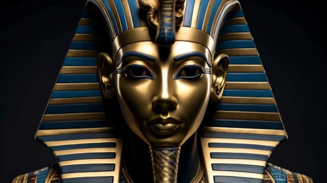 Golden pharaoh mask with blue accents close up. Ancient Egyptian culture headgear with royal beard detail. Artful studio lighting on artifact.