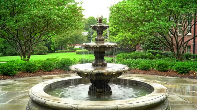 Three tiered water fountain in stone surrounded by greenery and brick building in the background