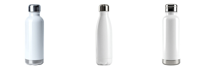 Set of white colour stainless steel bottle isolated on a transparent background