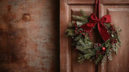 An elegant Christmas wreath with rich greenery and a deep red bow graces a wooden door, evoking feelings of warmth, celebration, and holiday cheer during the festive season.