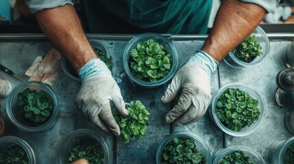 A close-up view of a gardener's hands expertly handling lush mint leaves, highlighting the beauty of nature and the joy of urban gardening and sustainability practices.
